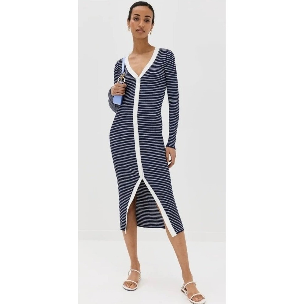 NWT!! STAUD Shoko Stripe Long Sleeve Sweater Dress Navy Blue White Striped Large
